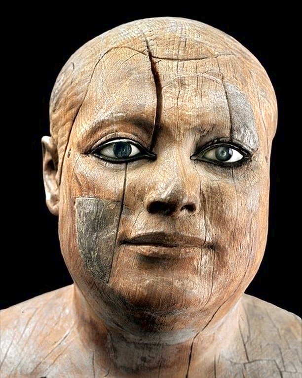 Statue of the Lector Priest Kaaper, known as Sheikh el-Beled. From his Mastaba (tomb) in North Saqqara. Old Kingdom, 5th Dynasty, ca. 2494-2345 BC. Now in the Egyptian Museum, Cairo. This statue is made from sycamore wood, eyes made from rock crystal rimmed with copper.