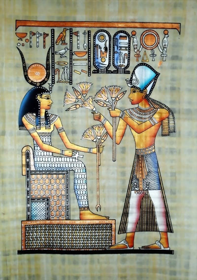 Ramses II Gifts to Goddess Isis, Lotus Flowers Papyrus Painting