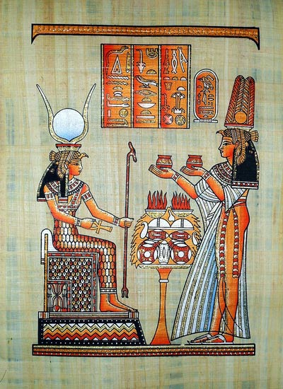Queen Nefertari Gifts to Goddess Isis - Papyrus Painting
