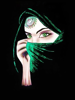 Black Velvet Painting, Arabian Woman Green Scarf
