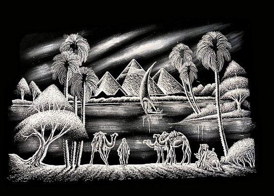 Pyramids, Palms, Camels and Nile River Black Velvet Painting Pyramids, Palms, Camels and Nile River Black Velvet Painting
