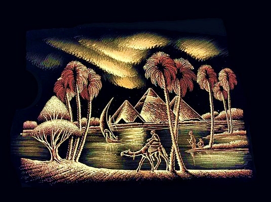 Palms and Pyramids Night, Black Velvet Painting Palms and Pyramids Night, Black Velvet Painting