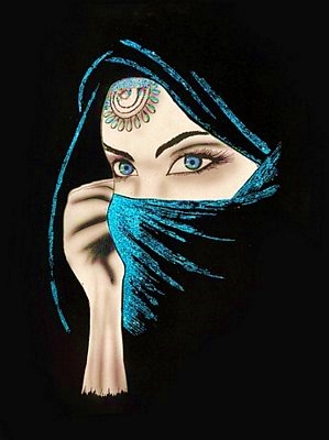 Black Velvet Painting, Arabian Woman Blue Scarf 