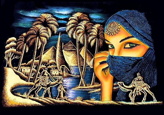 Arabian Woman, Egypt Pyramids, Camels Black Velvet Painting Arabian Woman, Egypt Pyramids, Camels Black Velvet Painting