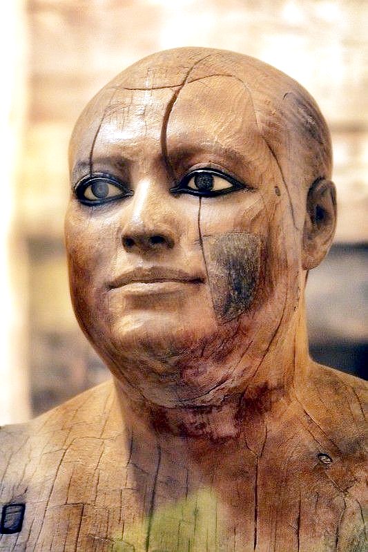 Statue of the Lector Priest Kaaper, known as Sheikh el-Beled. From his Mastaba (tomb) in North Saqqara. Old Kingdom, 5th Dynasty, ca. 2494-2345 BC. Now in the Egyptian Museum, Cairo. This statue is made from sycamore wood, eyes made from rock crystal rimmed with copper.