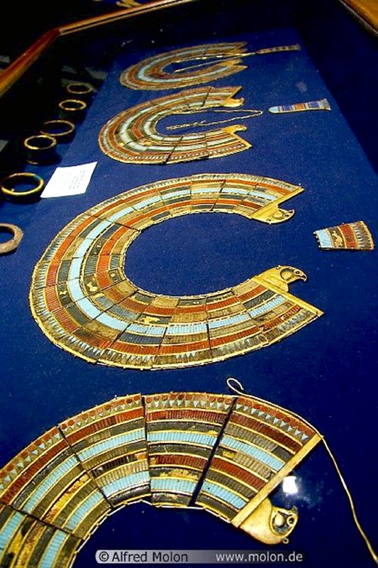 Pharoah Tutankhamun's Falcon-Headed Broad Collar of semi-precious stones with falcon-headed terminals.