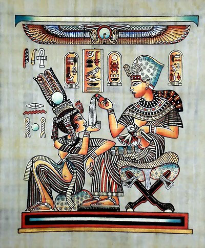 King Tut Ankh Amun pouring perfume into his wife palm Papyrus Painting