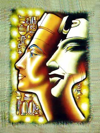 Akhenaton & Nefertiti - Free Hand Papyrus Painting - dark papyrus
