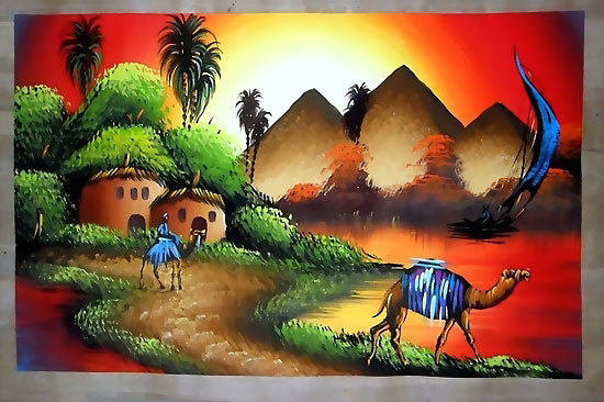 Egyptian Nature scenes papyrus paintings, free hand papyrus Paintings tableau, dark papyrus - 3 