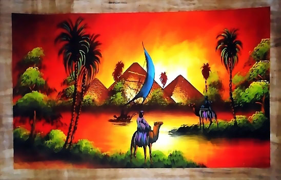 Egyptian papyrus paintings, free hand papyrus Paintings tableau, dark papyrus - 5 