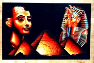 Egyptian free hand papyrus painting, Nefertiti - King Tut - Pyramids
