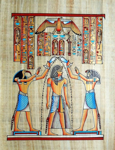 Ramses II Coronation, Gods Pouring life key water on him, Papyrus Painting 2
