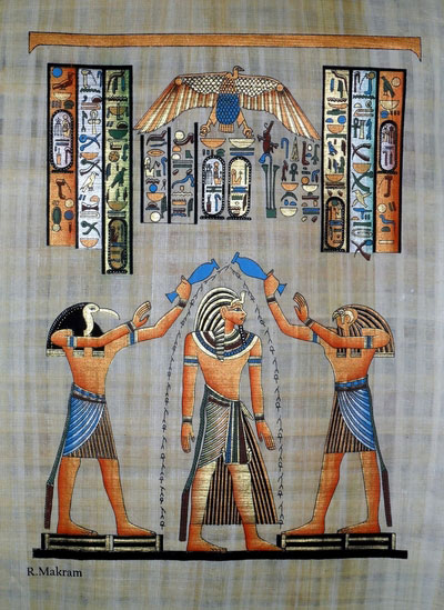 Ramses II Coronation, Gods Pouring life key water on him, Papyrus Painting