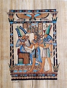 Osiris Sitting & Pharaoh & Horus Papyrus Painting 